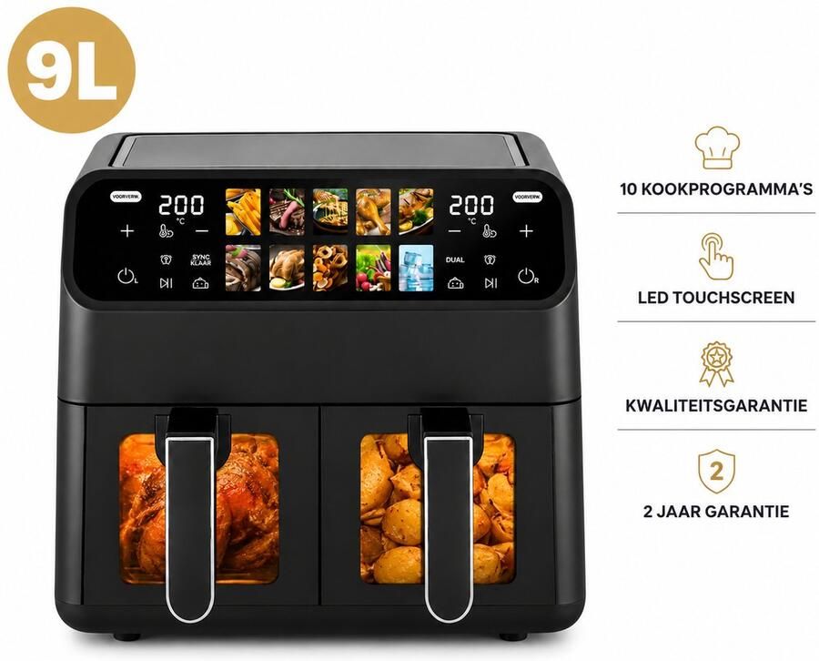 Norvia Dubbele airfryer XXL 9L 2000 W 2 manden 10 kookprogramma's Helder kijkraam 200°C LED touchscreen zwart