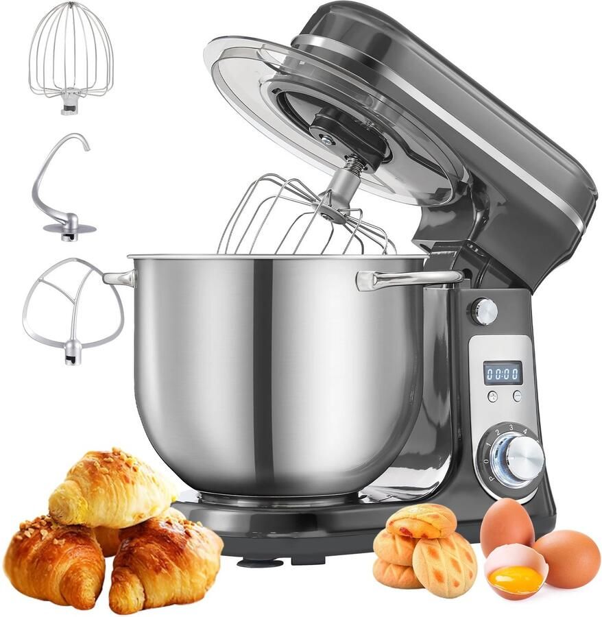 Norvia Keukenmachine Display en Timer Keukenrobot 6L Keukenmixer 1200W Grijs Stille motor RVS kom 6-speed