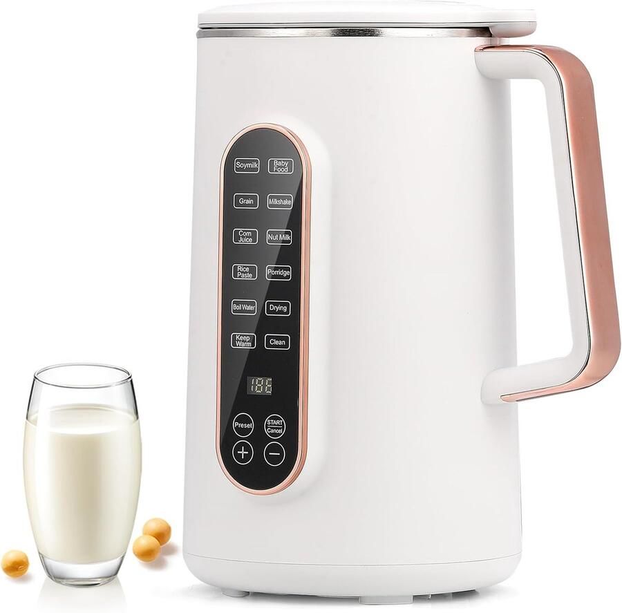 Notenmelkmaker 1 2 liter 8-in-1 automatische sojamelkmachine voor amandel- haver- en melkvrije dranken 10 messen 12 uur vertragingstart zelfreiniging en warmhoudfunctie 220 V