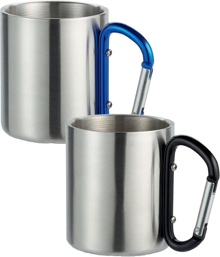 NoTrash2003 2 dubbelwandige roestvrijstalen koffiekopjes met karabijnhaak voor bevestiging aan de rugzak met karabijnhaak in zwart en blauw