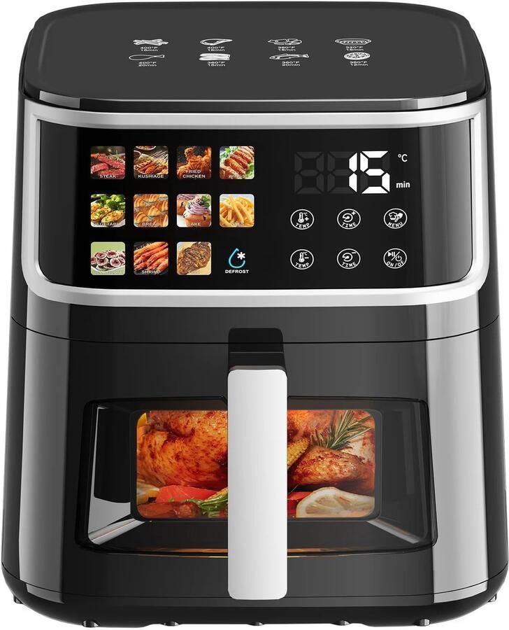 Novari Airfryer Heteluchtfriteuse Friteuse Frituurpan 8 Liter 11 vooraf ingestelde programma's LED-display Zwart
