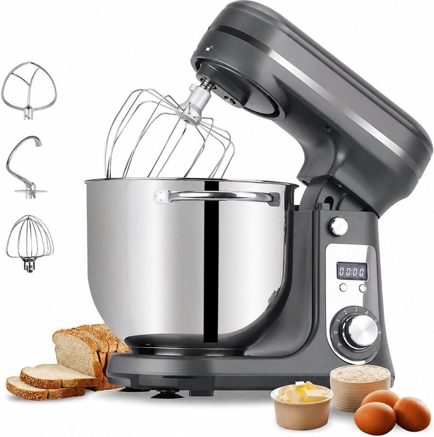 Novari Keukenmixer Keukenmachine Keukenrobot Deegkneder 1200W motor 6 snelheden Stille werking 6 liter kom Grijs
