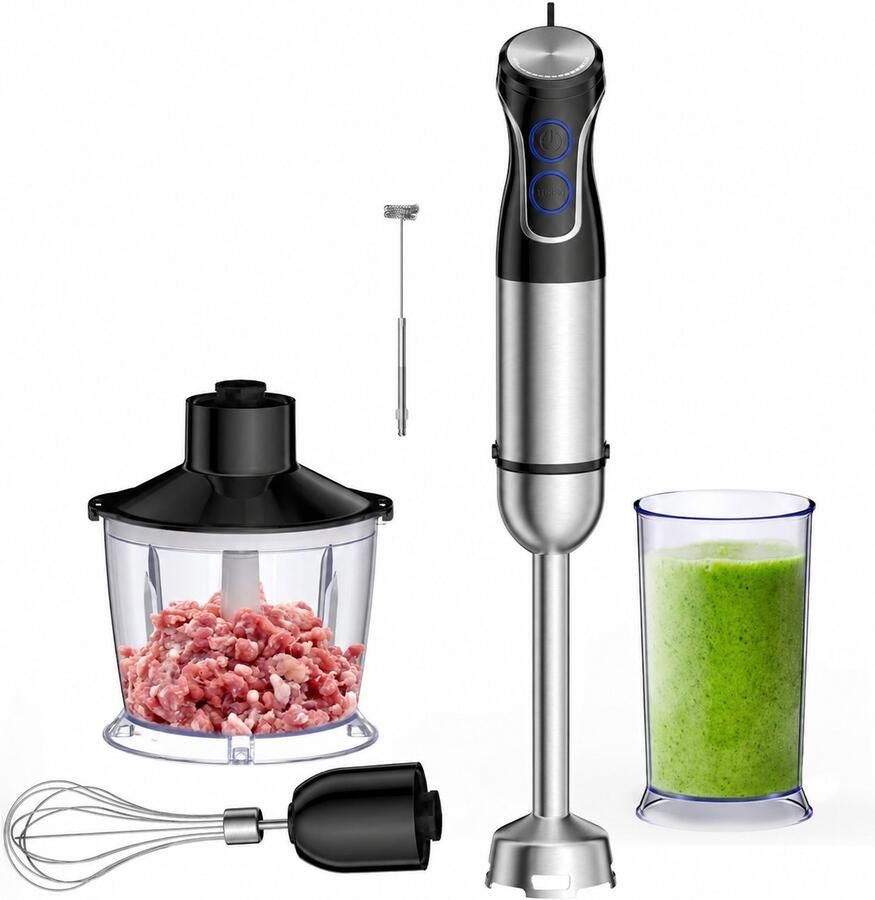 Novari Staafmixer set Hakmolen Foodprocessor Krachtige motor 1500W Traploos instelbare snelheid RVS