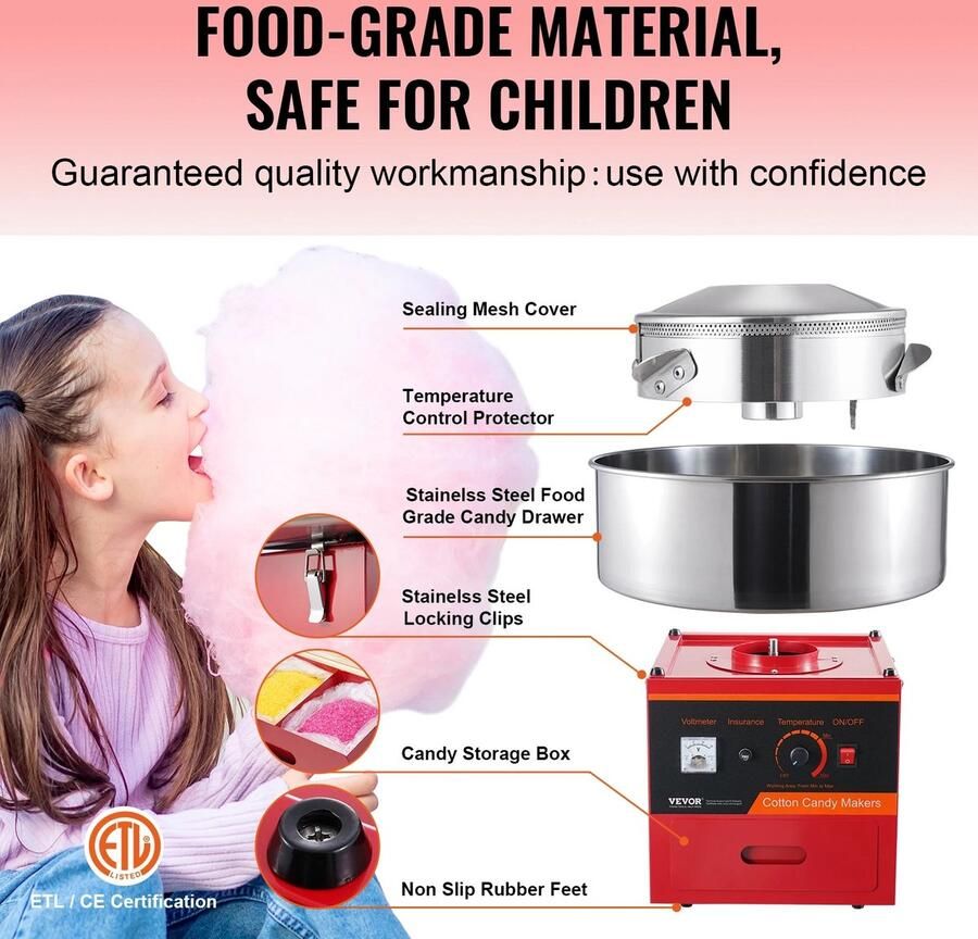 Novari Suikerspinmachine Elektrische suikerspinmachine Suikerspin suiker Roestvrijstalen kom 52cm Krachtige motor 1000W