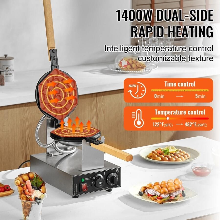 Novaro Bubble Wafelijzer Professioneel 1400W 180° Draaibaar Antiaanbaklaag RVS Timer