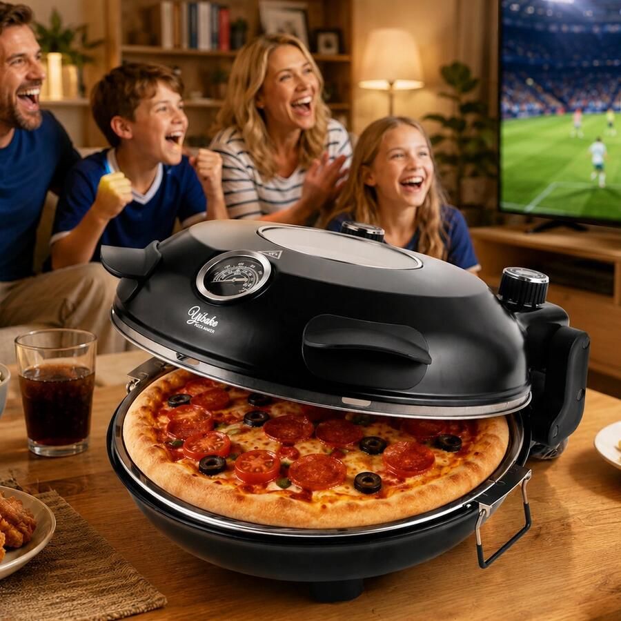 Novaro Pizzaoven Elektrisch 420 °C 1200 Watt Pizzaovens Keramische steen 32 cm 5 temperatuurniveaus Kijkvenster Zwart