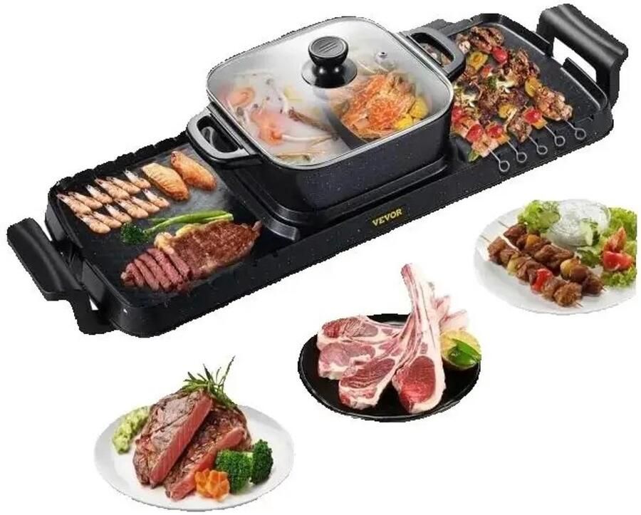 Novendo Goods 2-in-1 Elektrische BBQ grill en hot pot 2400W Vermogen Dubbele temperatuurregeling 180-240°C Anti-aanbak aluminium plaat 2 8L Hotpot capaciteit Rookloos design Geschikt voor 1-8 personen