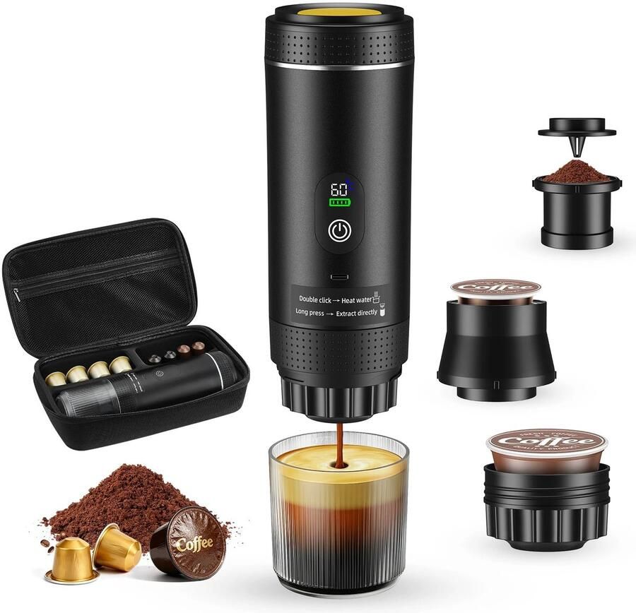 Novendo Goods Draagbare espressomachine 3-in-1 met batterij Mini koffiezetapparaat 20 bar met display Geschikt voor Nespresso Dolce Gusto en gemalen koffie Voor auto camping en thuis**