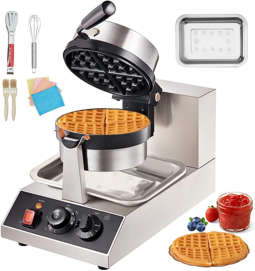 Novendo Goods Elektrisch wafelijzer Rond model RVS Behuizing 1300W Vermogen Temperatuurregeling 50-300°C Non-stick teflon platen Voor dikke wafels 2 5 cm Geschikt voor horeca en thuisgebruik