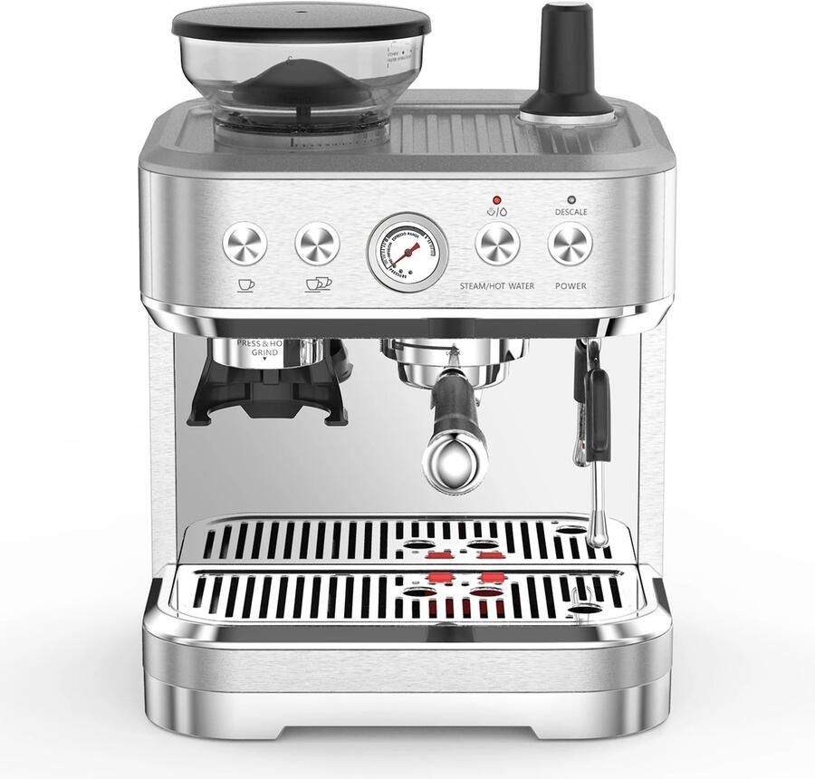 Novendo Goods Espressomachine 15 bar met bonenmaler en melkopschuimer Barista koffiemachine met 2 5L watertank en RVS behuizing