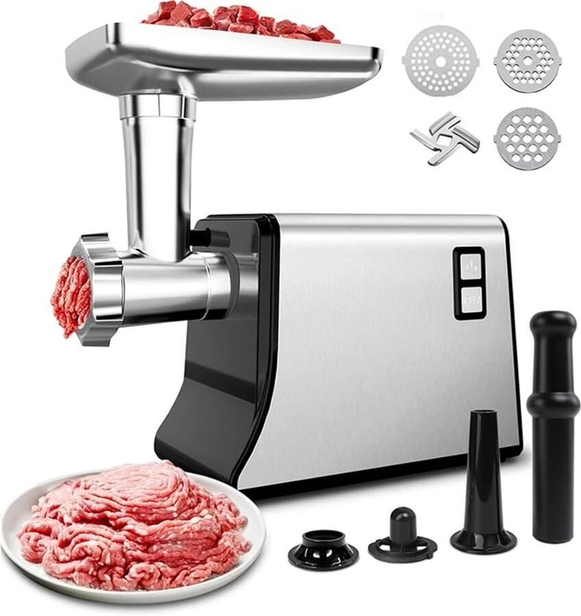 Novendo Goods – Professionele elektrische vleesmolen met roestvrijstalen snijbladen Krachtige motor worstvuller & kubbe-opzetstuk – Zware vleesmolen voor keuken vleesbereiding en foodcreatie