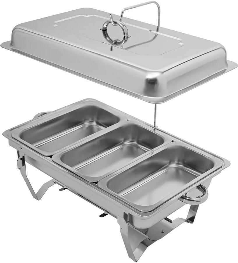 Novendo Goods – Roestvrijstalen buffetplaat & voedselverwarmer – Professionele chafing dish met 3 compartimenten en afneembaar deksel – Alcoholgestookte warmhoudbak voor restaurant feest en catering
