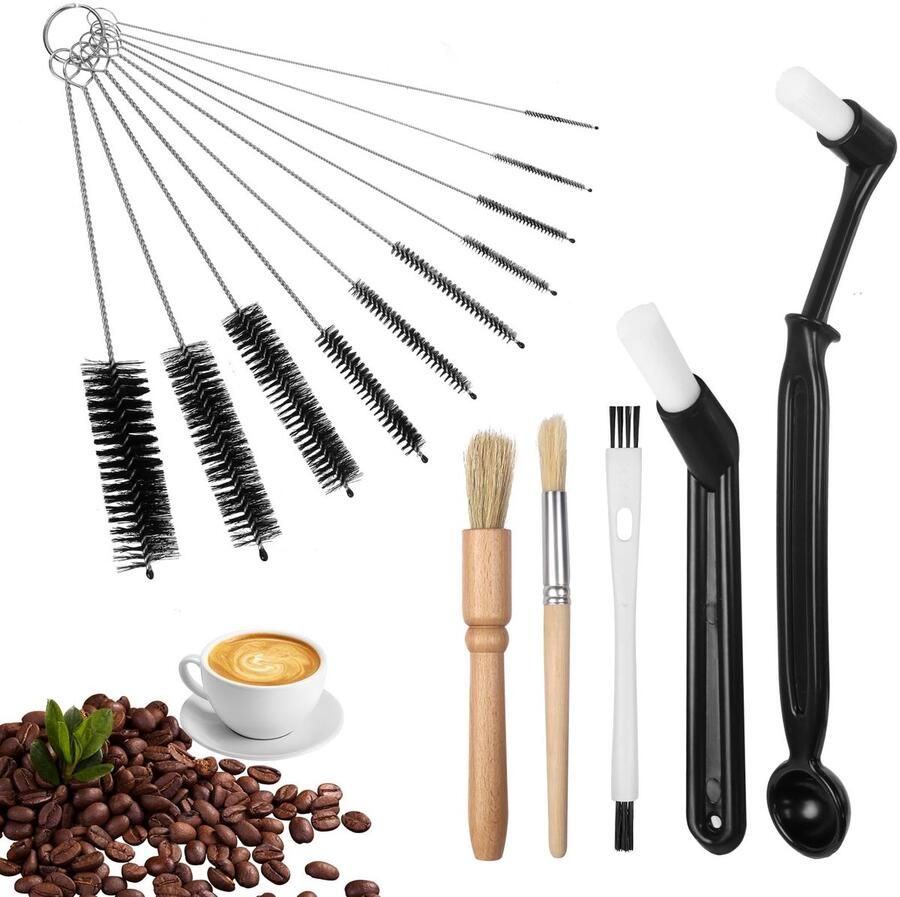 NTHs Coffee Machine Cleaning Brush Set 15-delige set Perfect voor espresso en koffie grinder onderhoud Zwart Inclusief lepel en dunne