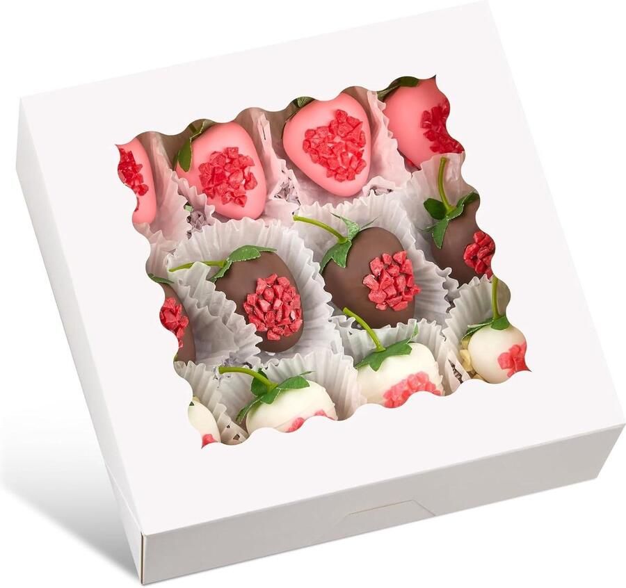 Ocmoiy 20 x 20 x 2.5 inch bakery boxes with window 20 pcs automatic pop up cake boxes white cookie boxes for strawberries covered with chocolate cocoa bombs donuts muffins pastries