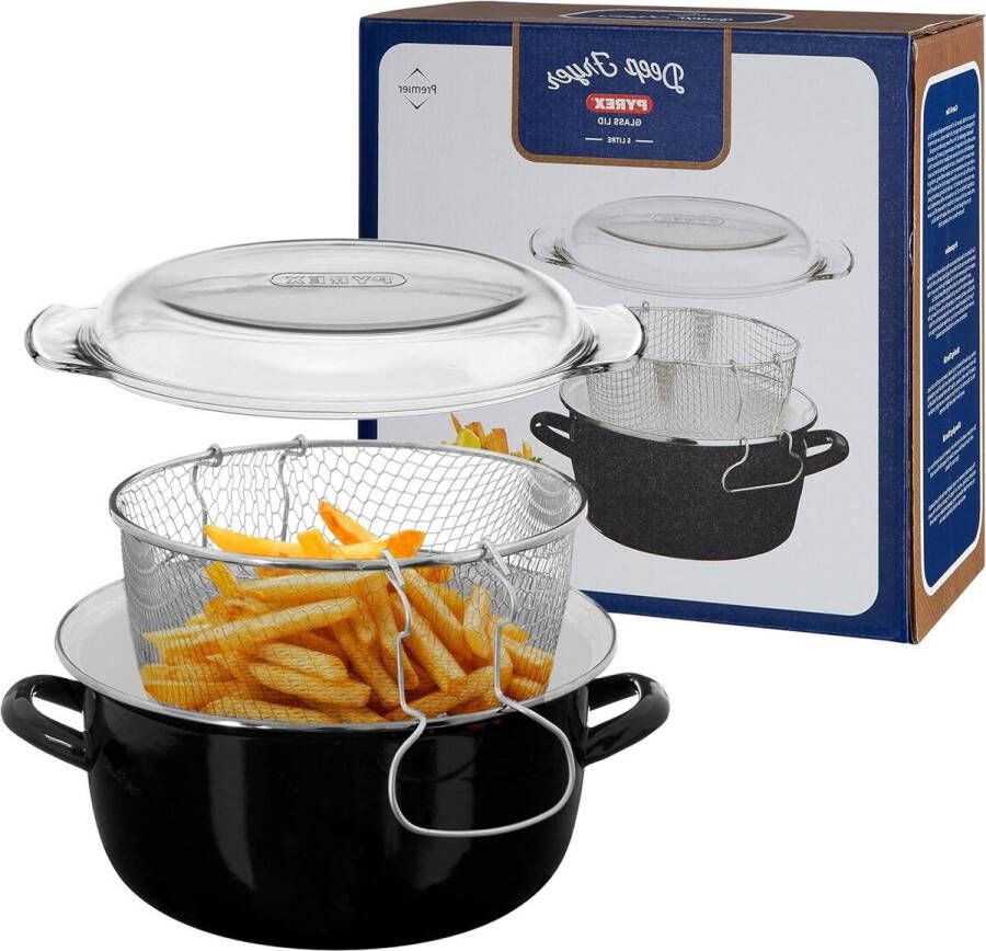 Oliebollen friteuse Oud en Nieuw Emaille Chip Pan Friteuse 5L Glasdeksel Zwarte Frituurpan Kleine Fryer 16x33x27