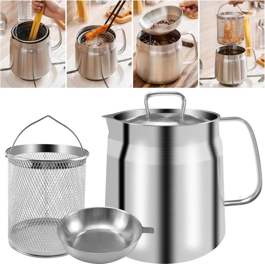 Oliefilter Frituurpan met frituurmand en oliefilter 68 oz 2L 14 x 16 cm Vaatwasserbestendig roestvrij staal 304 oliereservoir scheidt olieresten voor frituren zilver