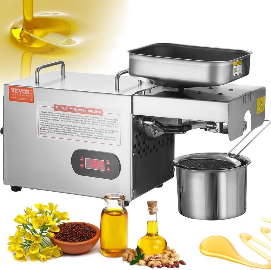 Oliepersmachine Elektrisch 850W Oliepers RVS 0-300 °C Instelbaar Voor Pinda's Sesam Koolzaad & Noten Hoog Olierendement Warmpersen RVS Olieverdrijver Oliewinningsmachine Thuisgebruik & Professioneel Zilver