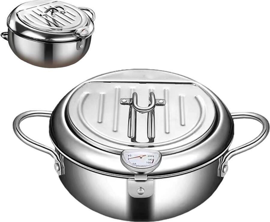 Frituurpan met thermometer Oliepot diepe pan Lekker eten bereiden Roestvrij staal 20CM Zilverkleurig