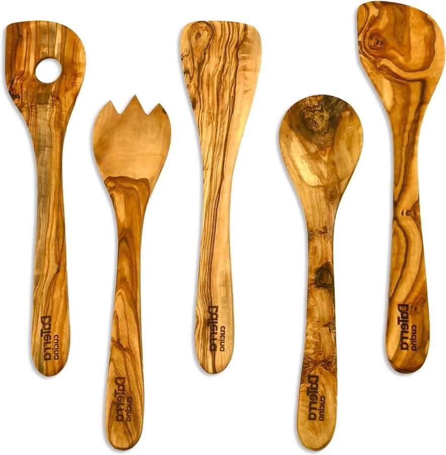 Olijfhout Kookgerei Houten Lepels Set Koken en Serveren Massief Mediterraan Hout 5-delig 30 cm Natuurlijk Hout