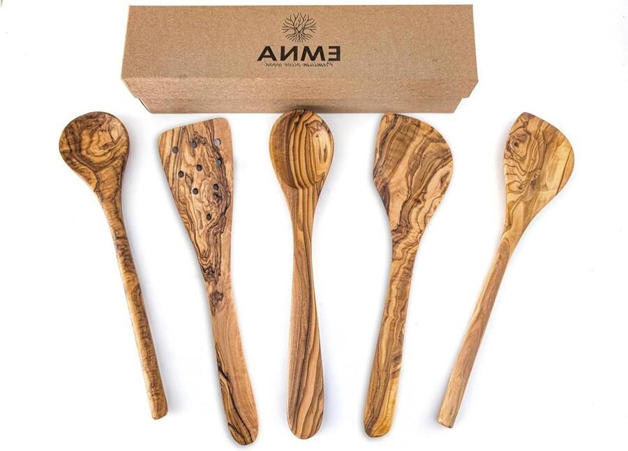 Olijfhouten Keukengerei Set Houten Lepels Spatel Koken Bakken Serveren Handgemaakt Massief Hout 5-delig Natuurlijk Hout
