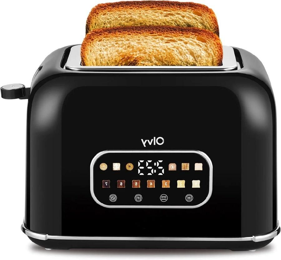 Olvy Broodrooster 900W – 7 Bruiningsniveaus LCD Display met Timerfunctie Extra Brede Sleuven Ontdooien & Opwarmen Uitneembare Kruimellade – Toaster voor Brood en Bagels