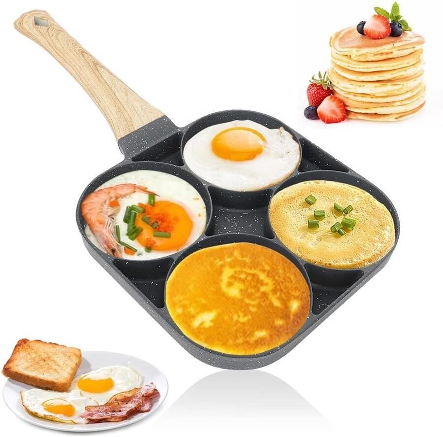 Omeletpan met 4 gaten Eierpan Koekenpan Ontbijt Bereiden Antiaanbaklaag 30 x 24 cm Zwart