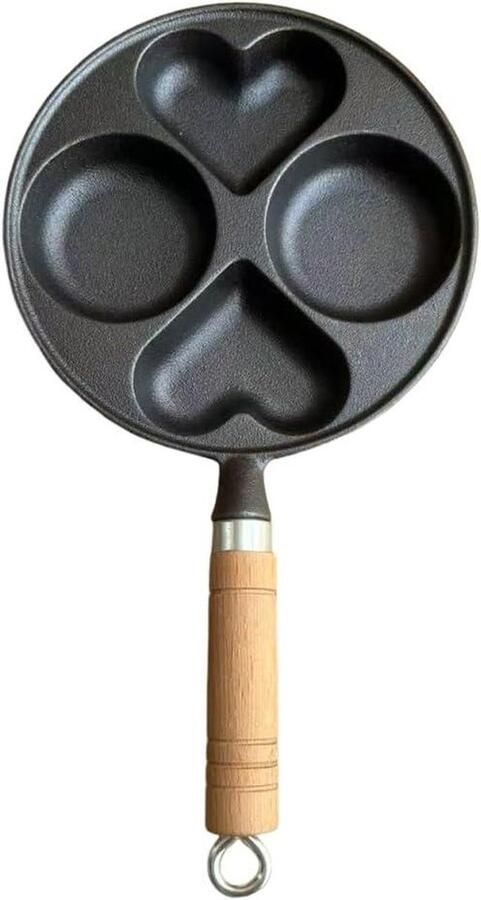 Omeletpan met 4 gaten Eierpan Koekenpan Ontbijt Bereiden Gietijzer Antiaanbaklaag 36.5 cm Zwart