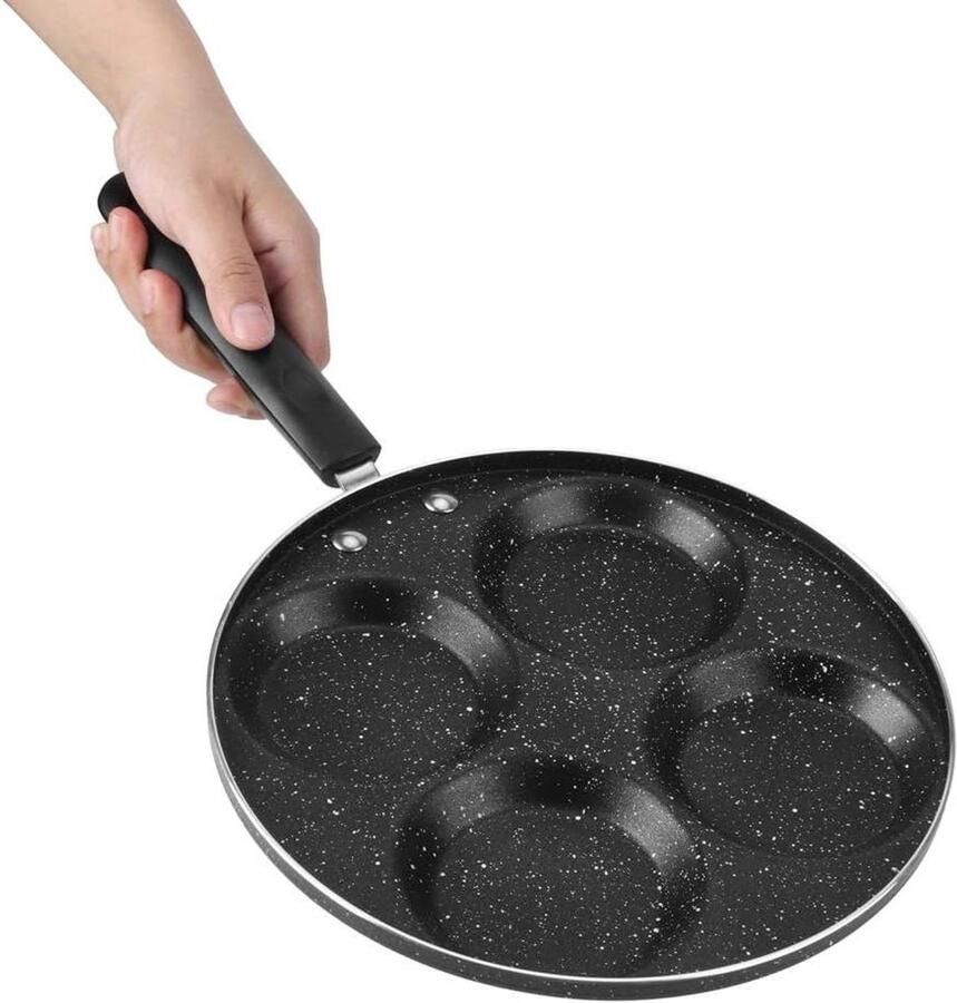 Eierkoekenpan 4-kops Omeletpan Burgerpan Ontbijt Bereiden Antiaanbaklaag 24.5 cm Diameter Zwart