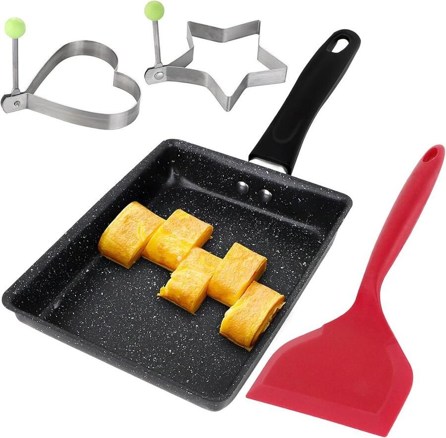 Omeletpan mini-rechthoekige eierpan met brede siliconen spatel en 2 gebakken eierringen non-stick tamagoyaki koekenpan thuis keuken kookgerei voor inductiekookplaat gasfornuis