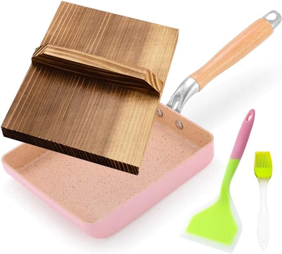 Omeletpan Vierkant Koekenpan Ei Ontbijt Maken Antiaanbaklaag Houtgreep 18.5 cm Roze