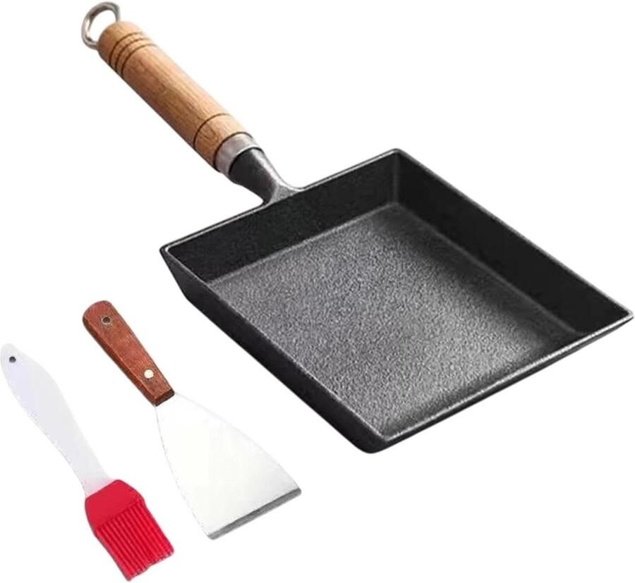 Omeletpan Vierkant Koekenpan Gietijzer Ontbijt Maken Fysieke Antiaanbaklaag 20 cm Zwart