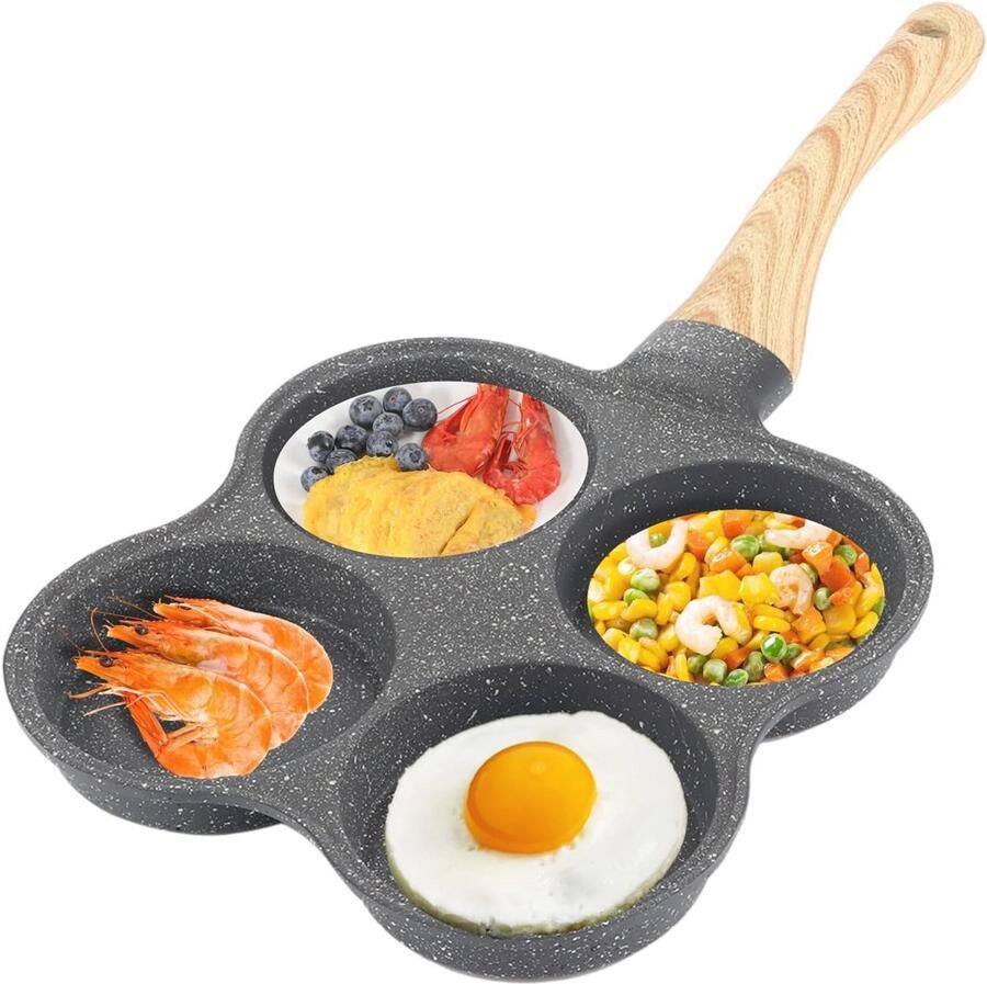 Omelettenpan met 4 Gaten Anti-aanbak Koekenpan voor Ontbijt en Pannenkoeken