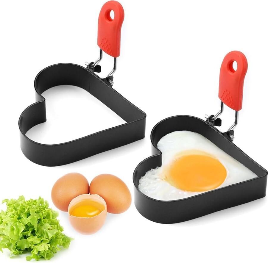 Omeletvormen 2 stuks Eierringen hartvorm Ontbijt maken Antiaanbaklaag inklapbaar handvat 7 x 9 x 2 cm