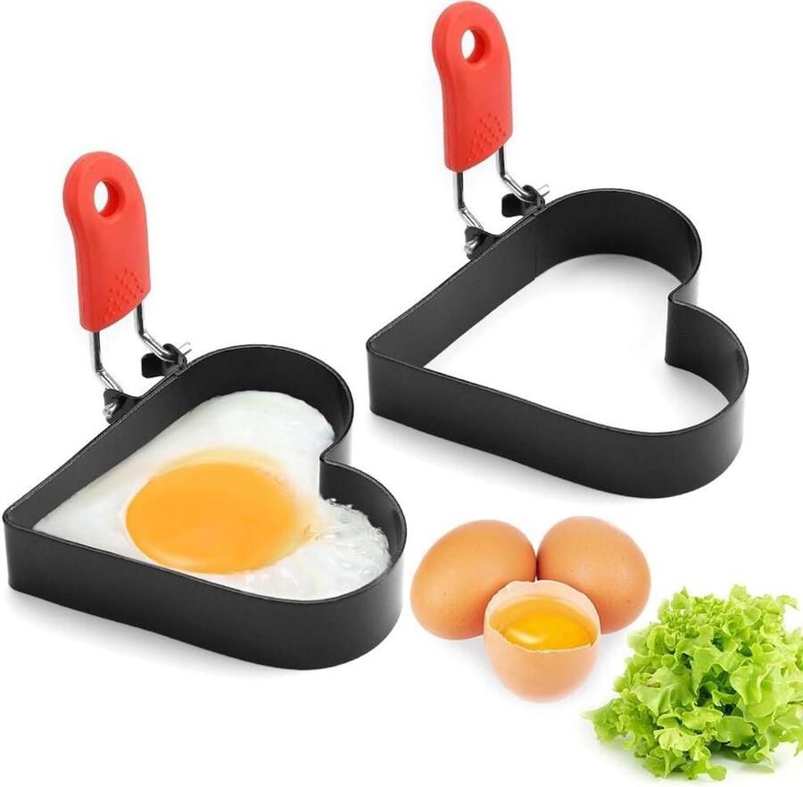 Omeletvormen 2 stuks Eierringen hartvorm Ontbijt maken Antiaanbaklaag inklapbaar handvat 7 x 9 x 2 cm