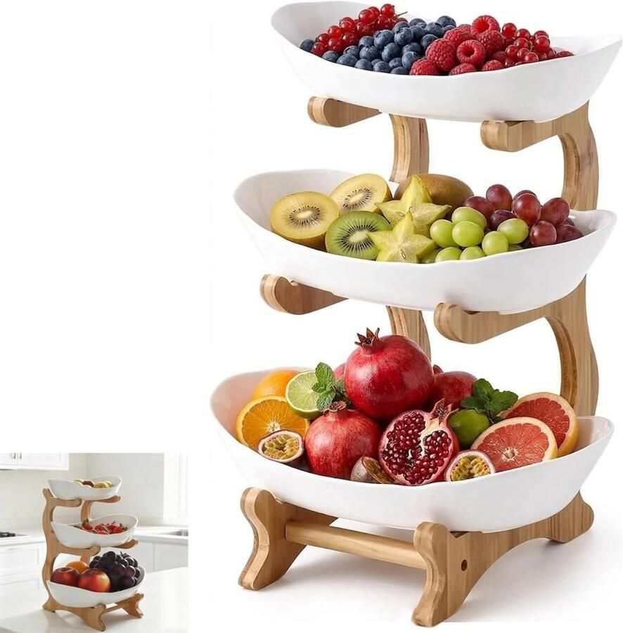 Omgoods 3-laags Fruitstandaard met Houten Onderstel voor Snacks en Groenten