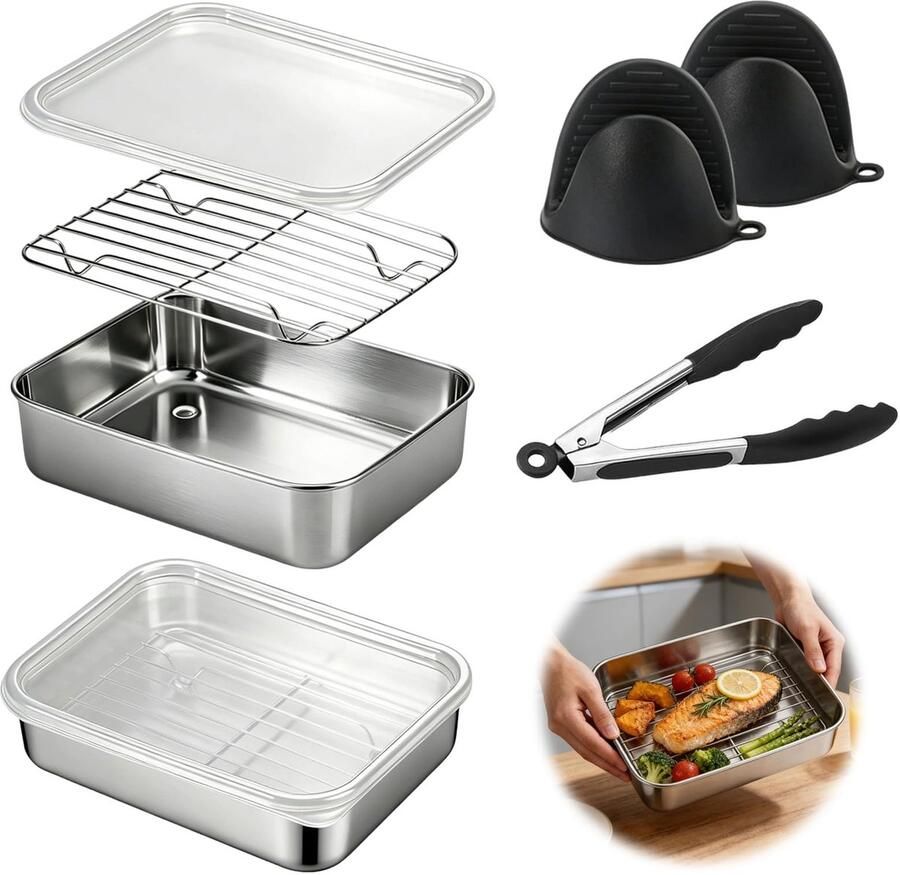 Omgoods 9-Delige Accessoireset voor Airfryer van RVS 304 Inclusief 2 Schalen en Grillroosters