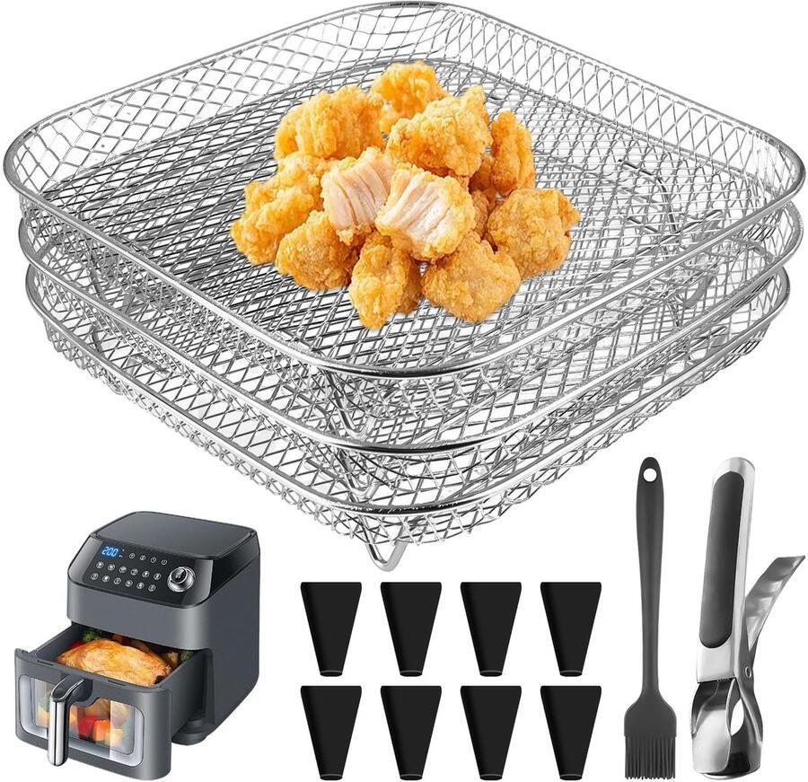 Dailygoods Airfryer Racks 3 Laags Stapelbaar Accessoires met Pincet en Borstel