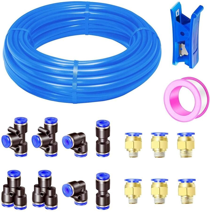 Omgoods- Bandslang 10 m Polyurethaan Buitendiameter 10 mm 14 Bandenconnectoren Buissnijder Hoge flexibiliteit Persluchtslang
