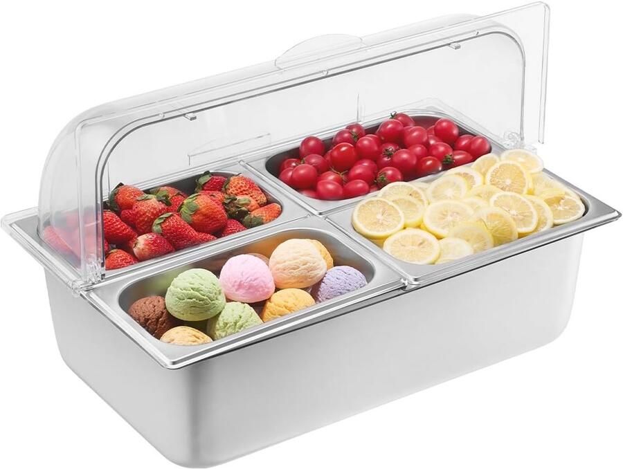 Omgoods Buffet Container met Duidelijk Deksel 4 Pans Voedsel Dispenser