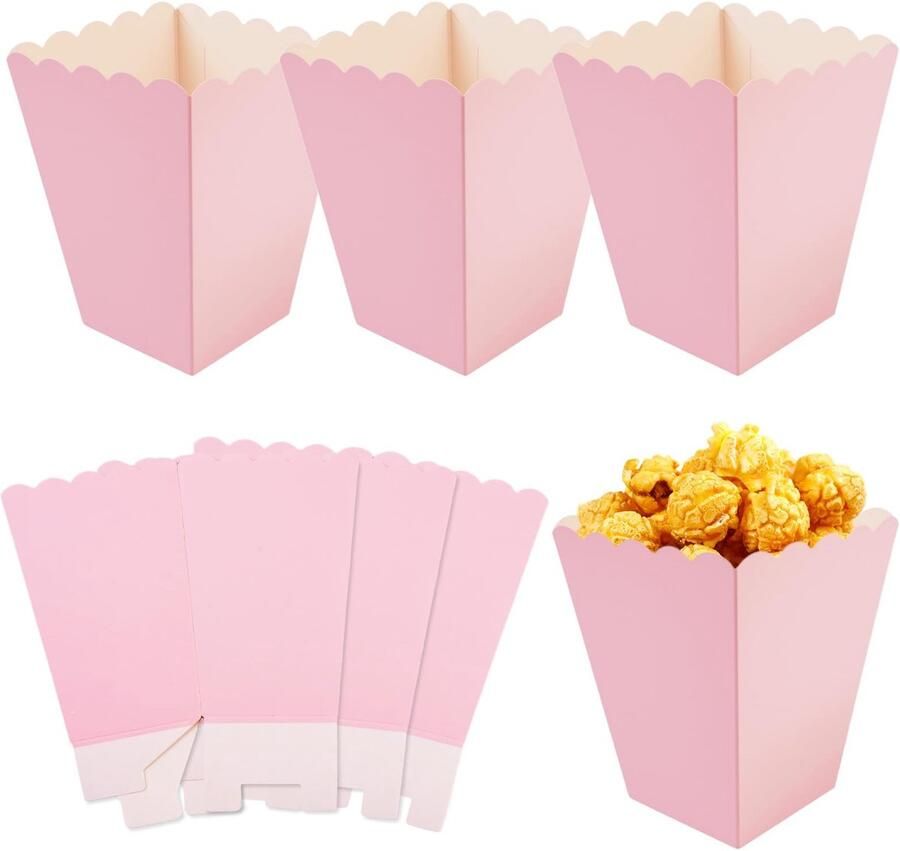 Omgoods Set van 24 Mini Popcornzakjes in Roze voor Feesten