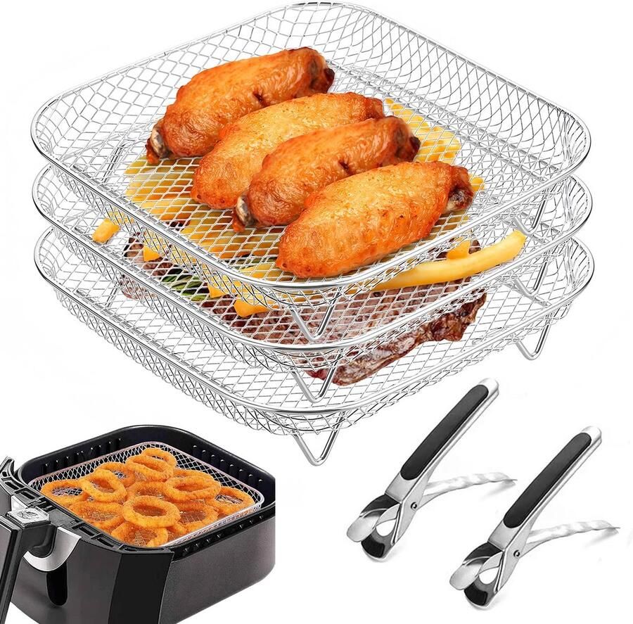 Omgoods Set van 3 Stapelde Airfryer Racks met Tangen