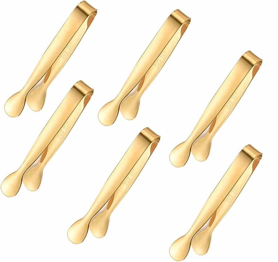 Omgoods Set van 6 Mini Suikerpincetten van RVS in Goud