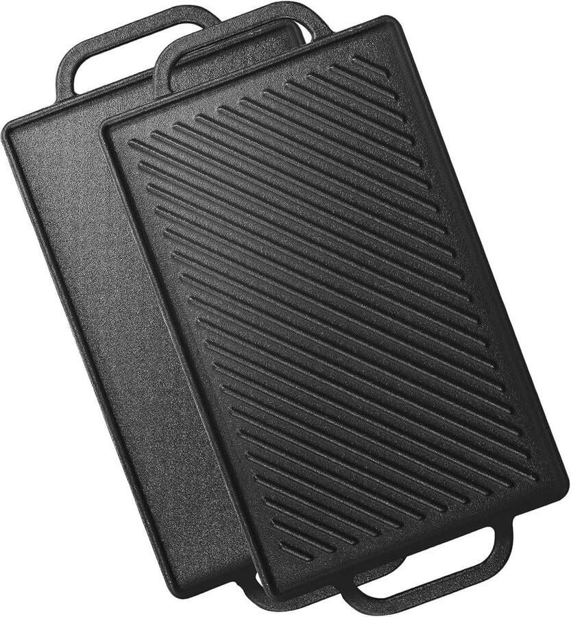 Omkeerbare gietijzeren grillplaat 33 x 21 cm voor oven en barbecue – 2-in-1 grillplaat met uitstekende warmteverdeling