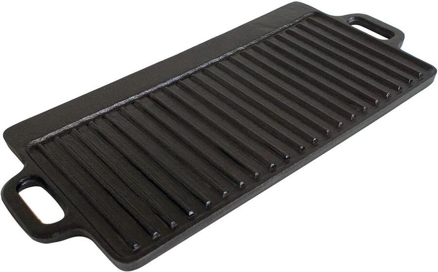 Omkeerbare Grillplaat Grillpan Gietijzer Vlees en Vis Grillen Geribbeld en Glad 45x23x1.5 cm Zwart