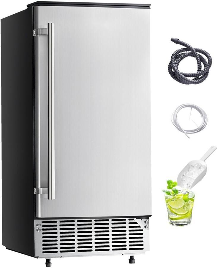 Onderbouw IJsblokjesmachine Inbouwgeschikt Capaciteit 36 kg dag Omkeerbare RVS Deur Elektrische Afvoer Voor Commercieel en Thuisgebruik Zilver