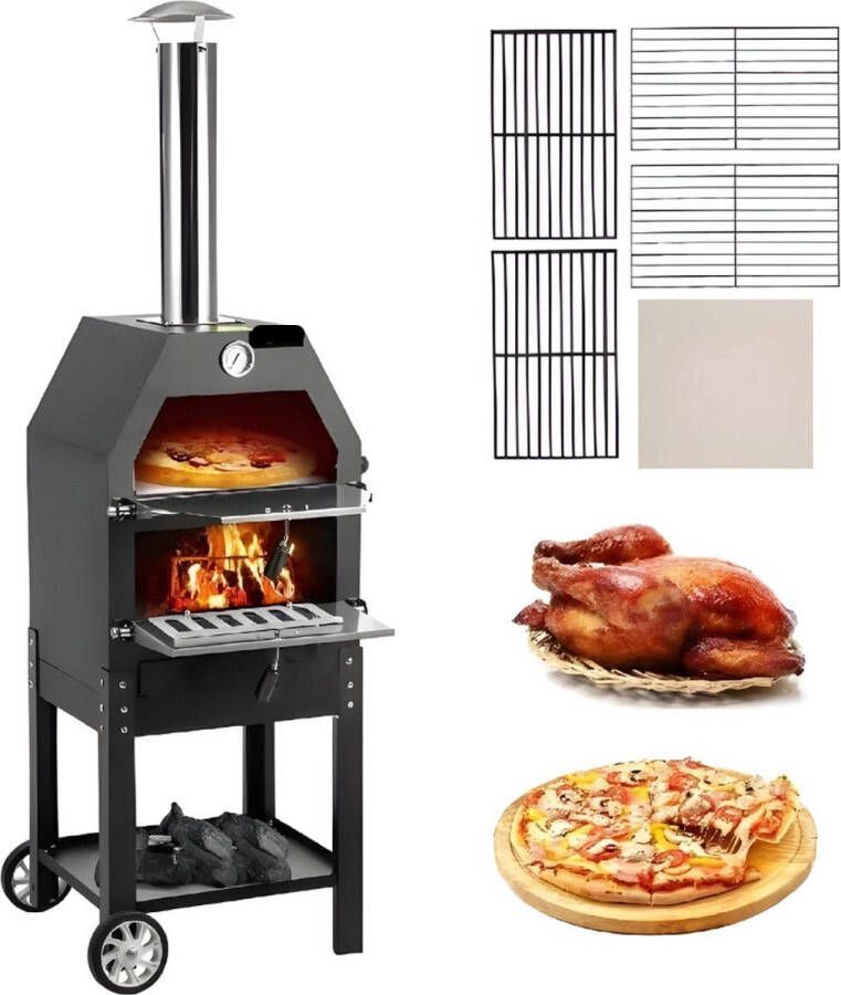 Onderweg online Luxe BBQ Pizza oven 2-in-1 Houtoven Pizzasteen Houtskool BBQ 45.8x46.4x141.8 cm