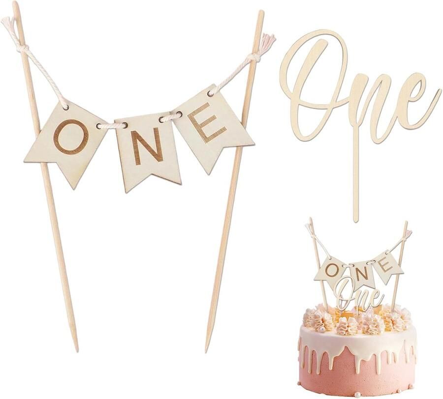 One Verjaardagstaart 2 Stuks 1e Verjaardag Taart Decoratie Vlaggen en Feestdecoratie voor Baby s Herdenkingen en Feestjes