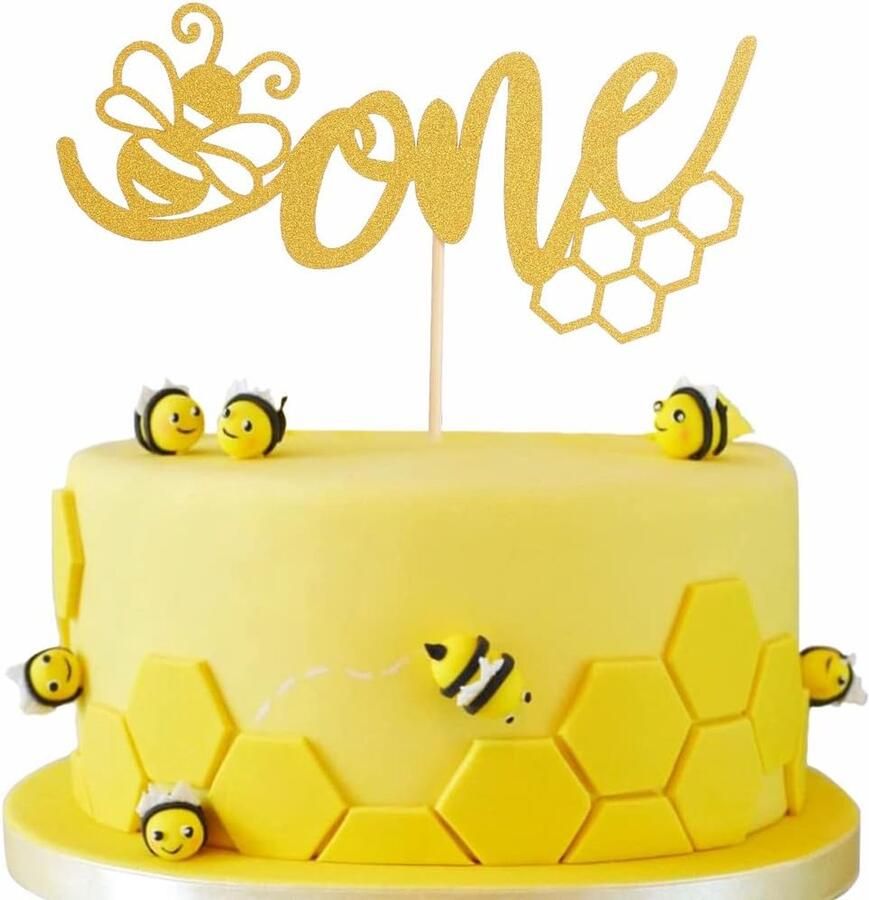 OneBee CakeTopper Goud Glitter Bumble Bee Een Verjaardagstoppers voor Geslacht Onthullen Baby Shower Party Decoraties Gouden Honing 1e Verjaardag Topper