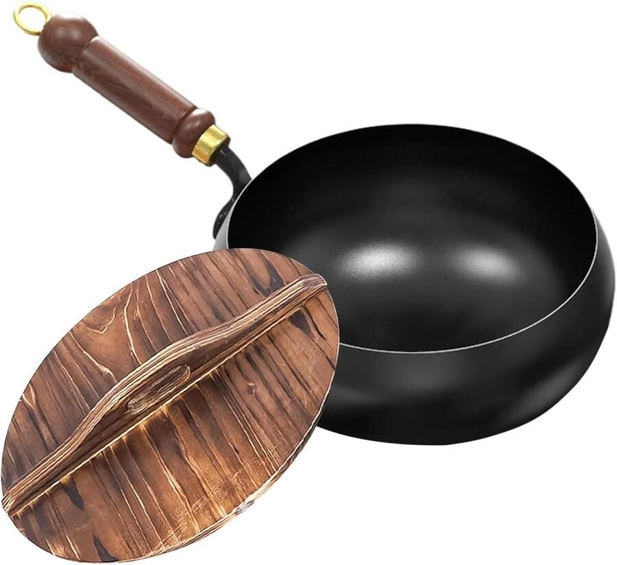 Ongecoate ijzeren pan Handgesmede braadpan Gelijkmatig koken Natuurlijke anti-aanbaklaag 24 cm Zwart