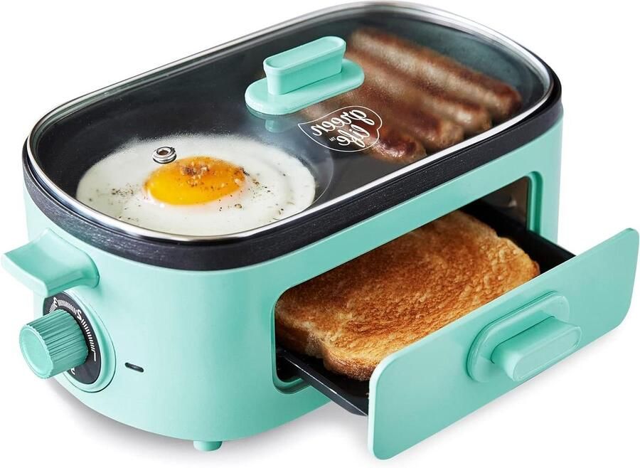 Ontbijt Maker 3-in-1 Apparaat Snel Ontbijt Maken Dubbele Grill Compartimenten 350 Watt Turquoise